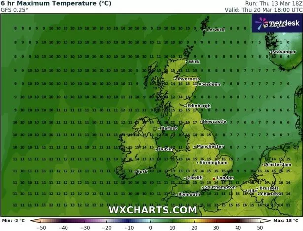 天气图显示，英国何时会比西西里岛更热，但有一个地区错过了